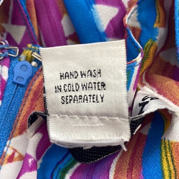 VINTAGE 80s STOCK OPTIONS Bohemian Retro MIDI Dress Lightweight Abstract Blue Lg - Picture 7 of 7